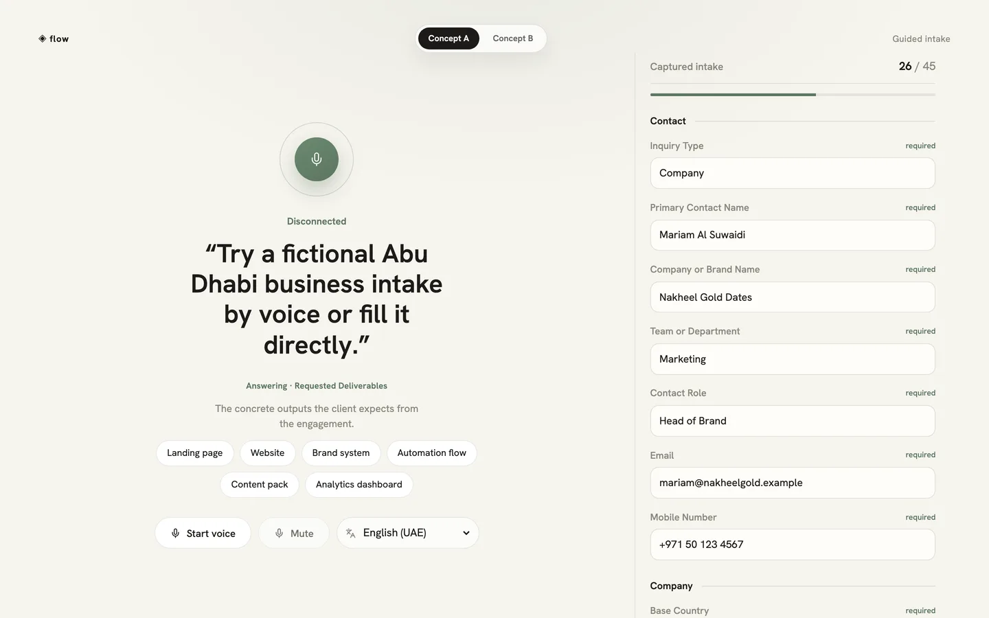 Flow: a voice guide filling an intake form while the person talks